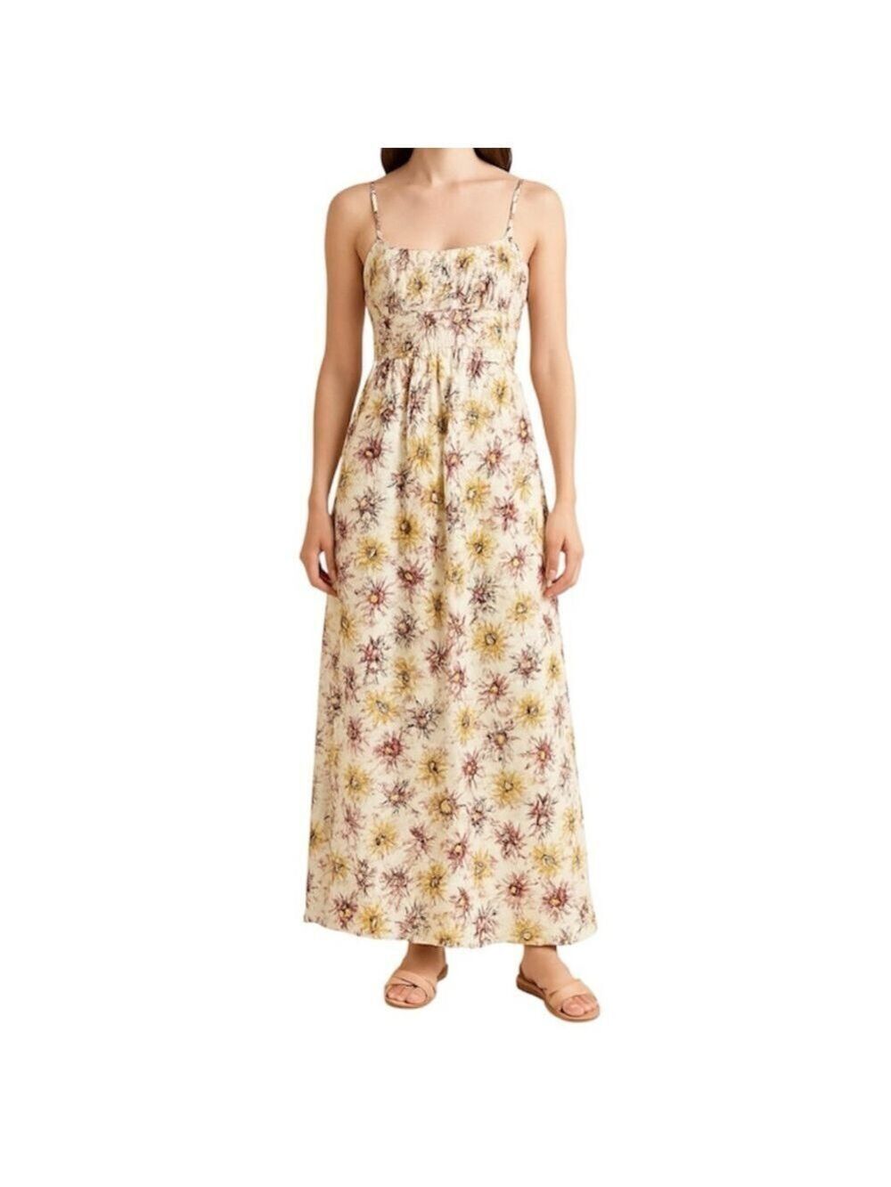 Vintage beige yellow pink brown floral ruched bodice long summer maxi dress